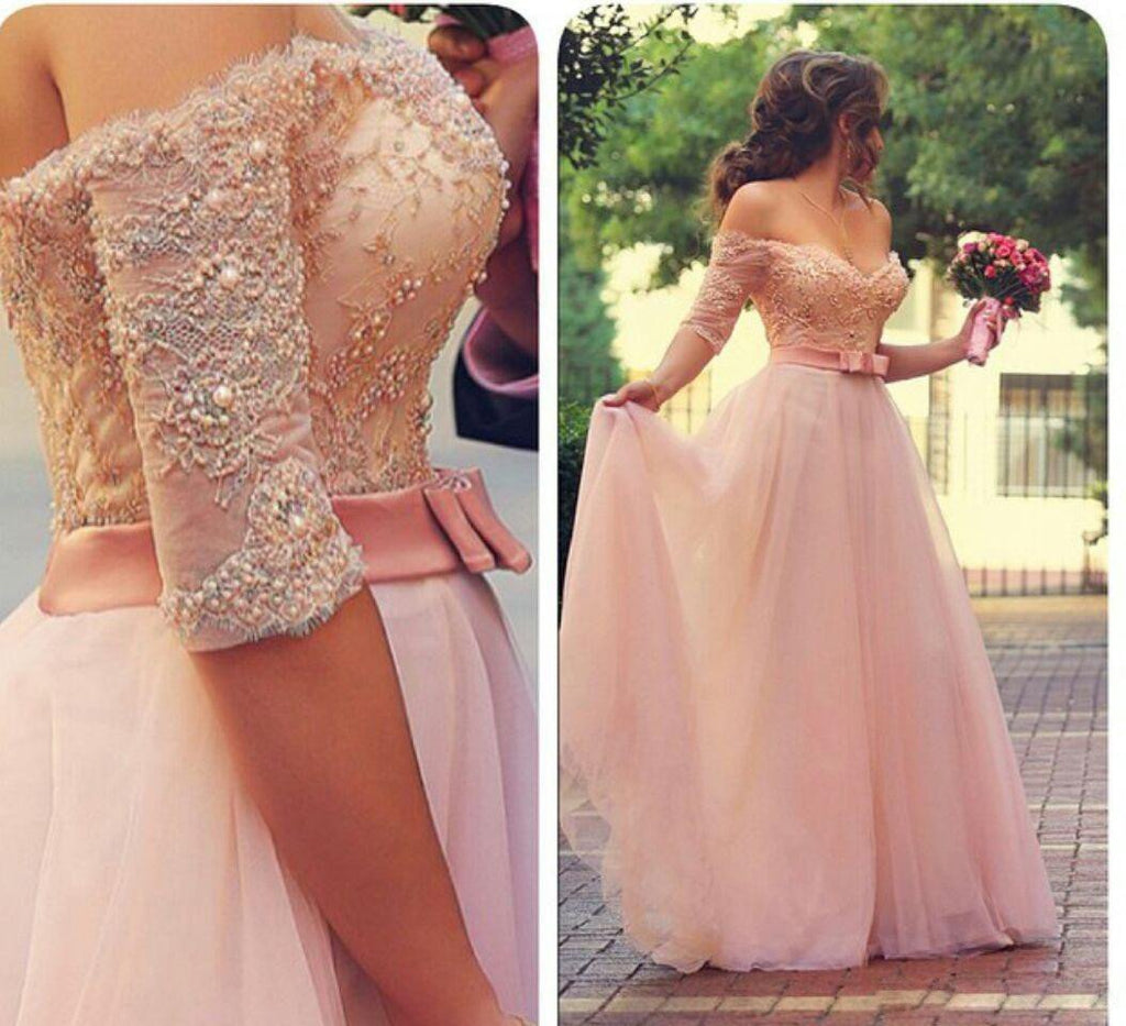 Off Shoulder Half Sleeves Pink Long Party Sweetheart Sash Bow Beads Pearls Prom Dresses