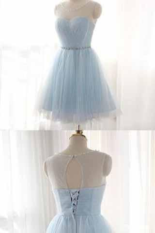 Light Sky Blue Short Prom Dress Sleeveless Open Back Scoop Homecoming Dresses