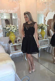 Black Lace Cute Scoop Cap Sleeve Open Back A-Line Homecoming Dresses