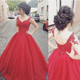 Elegant Ball Gown Cap Sleeve Appliques Sweetheart Lace up Red Long Prom Dresses
