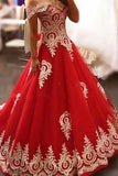Red organza lace applique off-shoulder short sleeves A-line long prom dresses princess