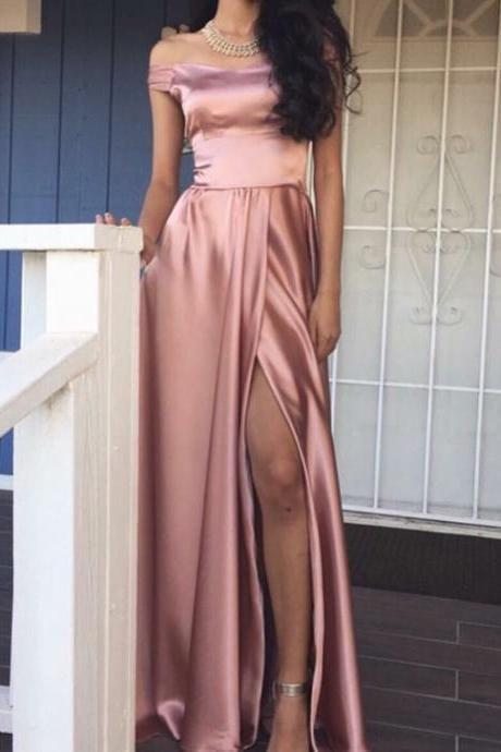 Pink Elegant A-Line Cheap Off the Shoulder Long Slit Prom Dresses