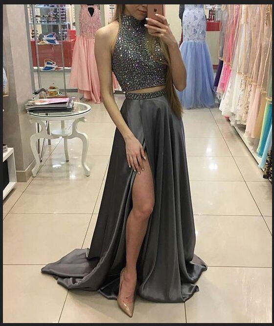 Two Pieces Beaded Gray Front Split Long Modest Prom Dresses Sparkly Prom Dresses