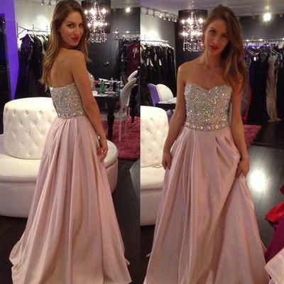New Hot Pale Pink Strapless A-Line with Sparkly Beaded Long Sweetheart Cheap Prom Dresses