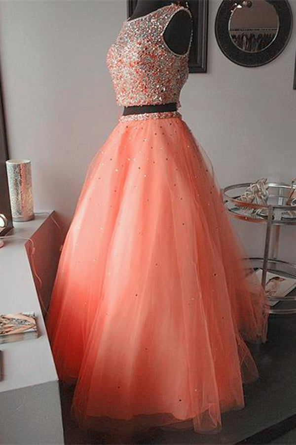 Coral Two Piece Jewel Keyhole Organza Beaded Quinceanera Dresses