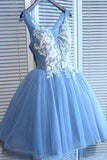 A Line V Neck Blue Tulle Cheap Beads Short Homecoming Dresses with Lace Appliques