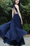 Sexy A-Line Beads Halter Cheap Royal Blue Simple Chiffon Backless Prom Dresses