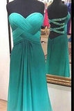 Simple A-Line Chiffon Ombre Strapless Green Sweetheart Open Back Prom Dresses