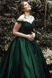 A-Line Ball Gown Off the Shoulder Green Sleeveless Sweetheart Lace Satin Prom Dresses