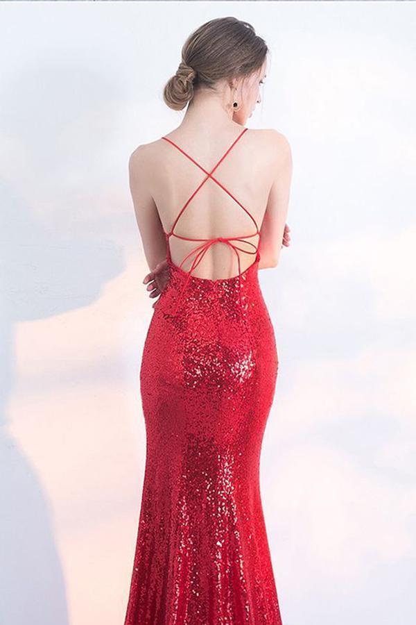 V-Neck Red Mermaid Spaghetti Straps Sparkly Backless Sleeveless Sequins Evening Dresses