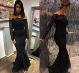 2022 New Style Mermaid Long Sleeves Black Lace Scoop Long Evening Dresses