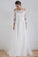 A-Line Lace Scoop 3/4 Sleeve Appliques Tulle Floor-Length White Button Wedding Dresses