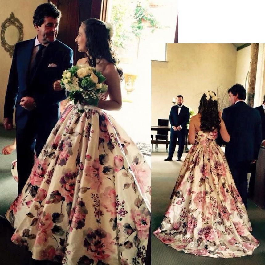 Ball Gown Printed Satin Sweetheart Spaghetti Straps Sleeveless Prom Dress Wedding Dress