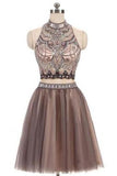 A-Line Beads Charming High Neck Open Back Two Pieces Tulle Homecoming Dresses For Teens