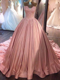 Ball Gown Pink Strapless Appliques Sweetheart Sweep Train Satin Evening Dresses