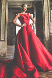 Elegant A-Line Red Simple Cheap Round Neck Cap Sleeve Backless Long Prom Dresses