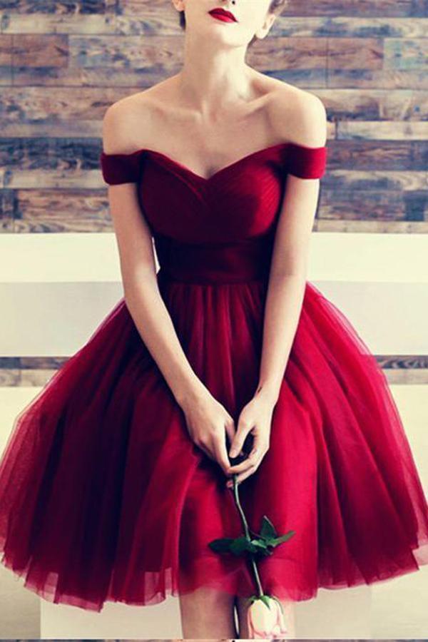 A Line Burgundy Off the Shoulder Tulle Sweetheart Cocktail Dress Homecoming Dresses