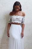 A-Line Long Lace Ivory Chiffon Off the Shoulder Short Sleeve Two Pieces Wedding Dresses