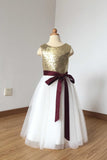A Line Simple Light Gold Sequin Ivory Tulle Scoop Flower Girl Dress with Burgundy Sash