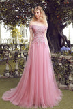 Elegant A-Line Off-the-Shoulder Lace Up Long Pink Lace Tulle Prom Dresses with Beads