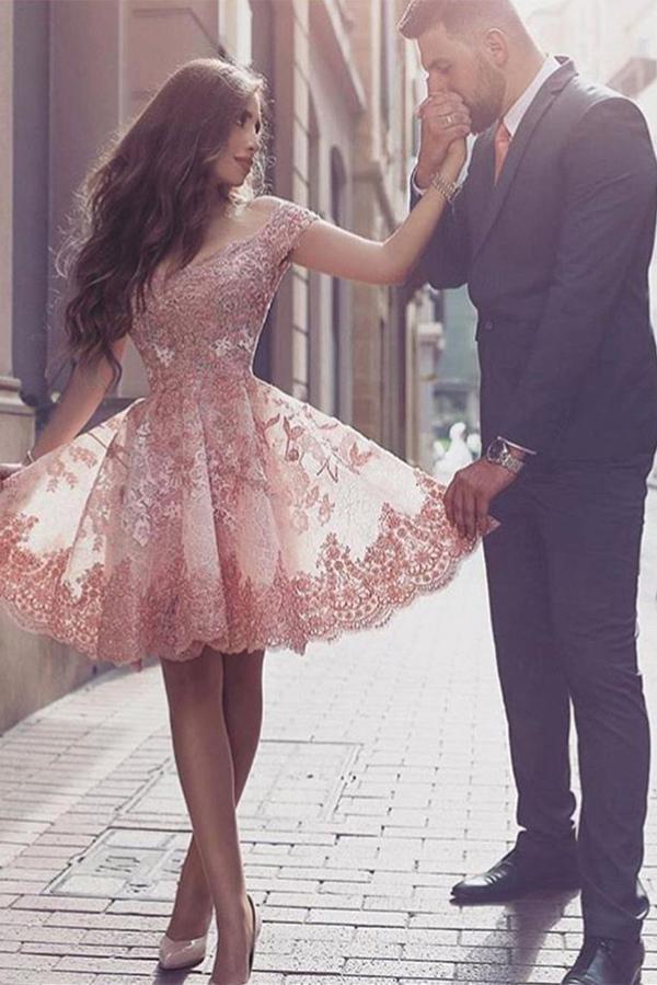 A-Line Off the Shoulder Short Sleeves Blush Sweetheart Homecoming Dresses with Appliques