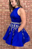 Cute A Line Round Neck Open Back Royal Blue Homecoming Dresses with Beads Pockets