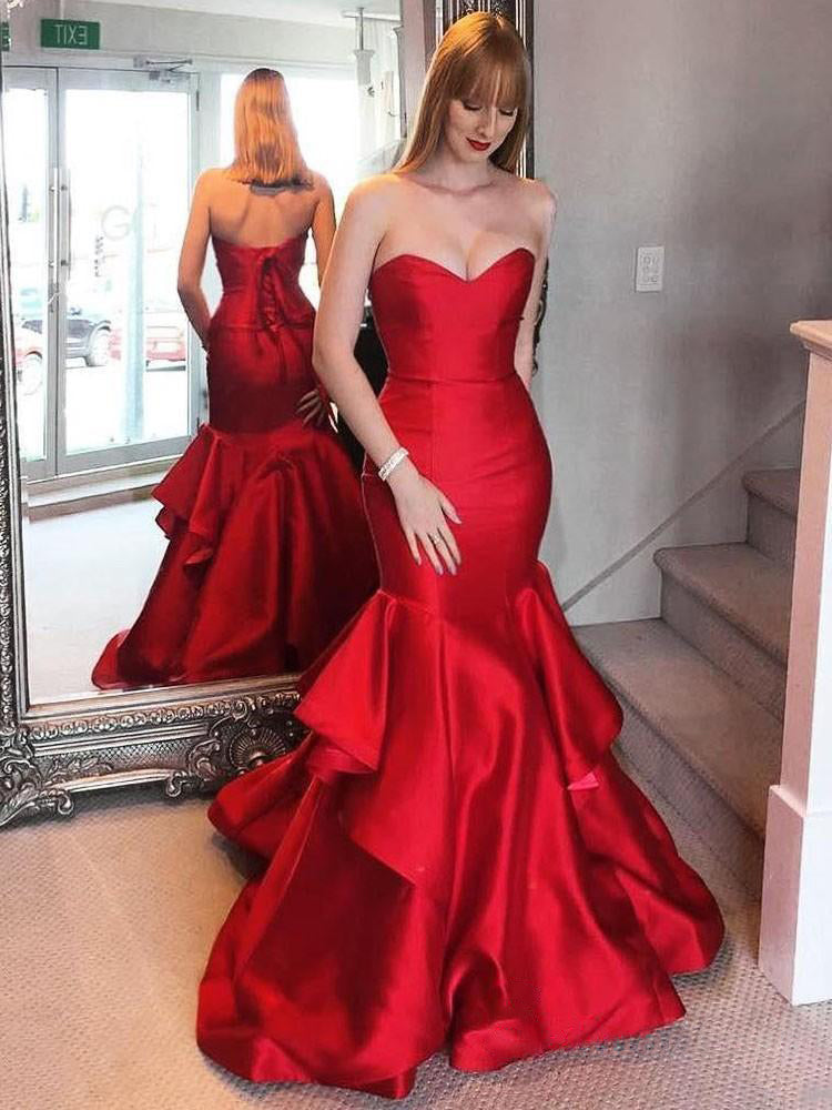 Simple Red Mermaid Sweetheart Long Prom Dresses Formal Gowns