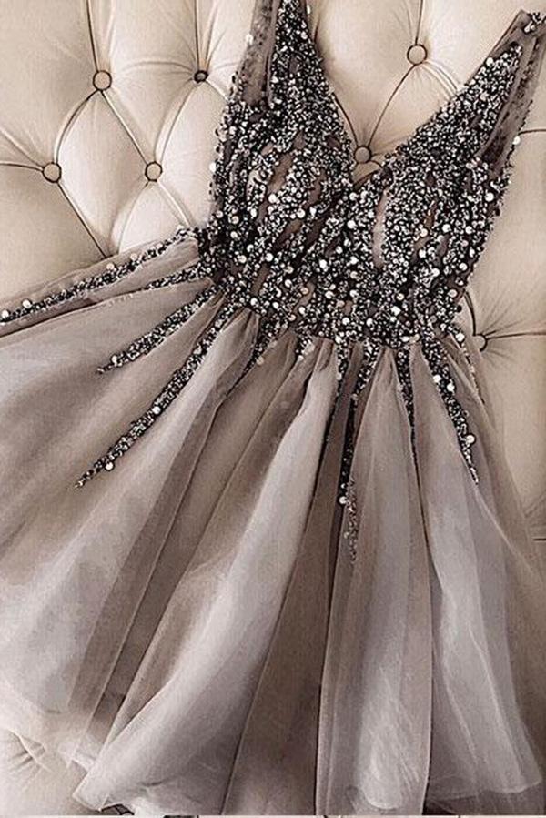 Luxurious Sequins Beaded V Neck Tulle Short V Back Gray Prom Dress Homecoming Dress