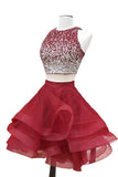 A-line Halter Sleeveless Sweetheart Organza Burgundy Short Prom Dresses Homecoming Dress