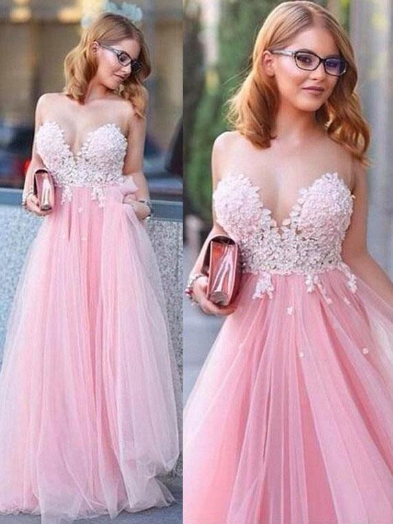 Pink Tulle Scoop Neck Princess Sweetheart Floor-length with Appliques Lace Prom Dresses