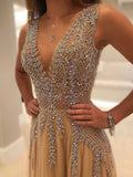 2022 A-line V-neck Nude Tulle with Slit Sexy Shinny Rhinestone Long Prom Dresses