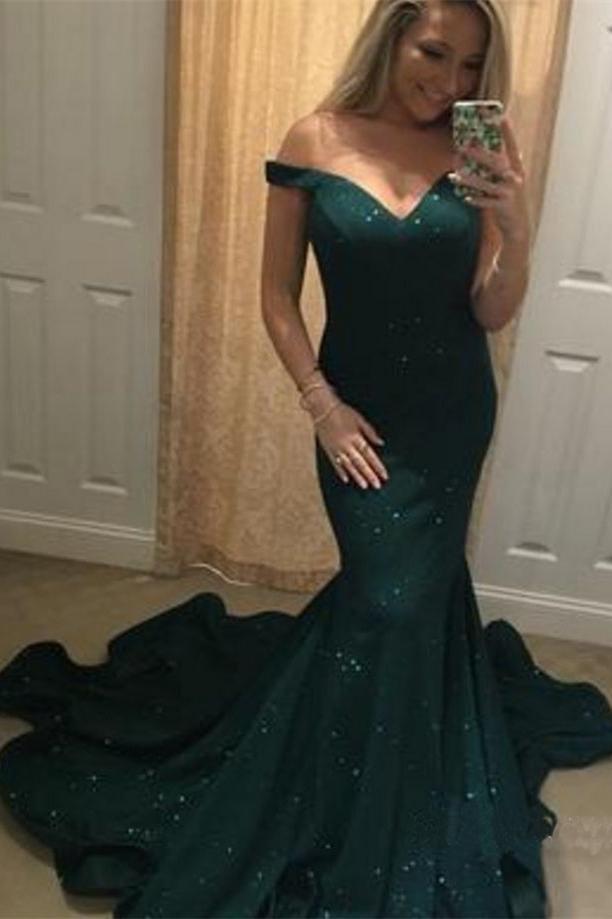 2022 Charming Off-the-Shoulder Green Mermaid Sweetheart Beads Prom Dresses
