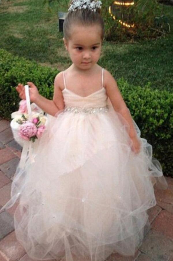 Princess Tulle Beading Spaghetti Straps Bowknot Flower Girl Dresses Lovely Tutu Dress