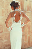 Long Sleeve Mermaid High Neck Lace Appliques Open Back Ivory Long Wedding Dresses
