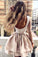 A Line High Neck Long Sleeve Pleats Open Back Satin Short Homecoming Dresses with Lace
