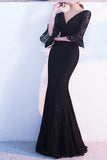 Elegant Black Lace Popular V-Neck Half Sleeve Sexy Mermaid Lace up Prom Dresses