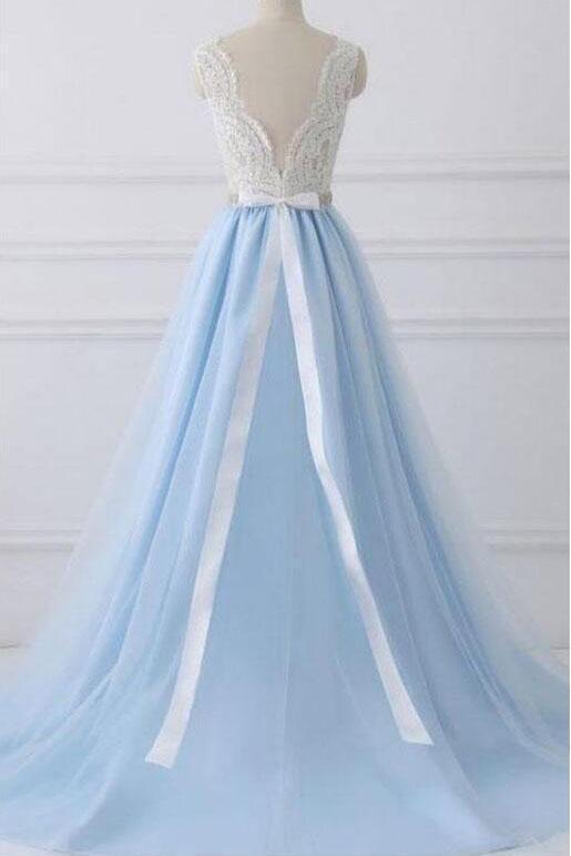 A-Line Lace Open Back V-Neck with Sash Blue and White Cap Sleeve Prom Dresses