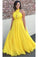 Princess Chiffon A-line Halter Long Yellow Backless Sleeveless Prom Dresses