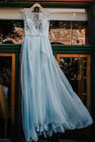 2022 Elegant Light Blue Beads Round Neck Chiffon A-Line Cap Sleeve Prom Dresses