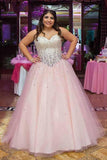 Strapless Ball Gown Beads Pink Sweetheart Plus Size Lace up Sleeveless Evening Dresses