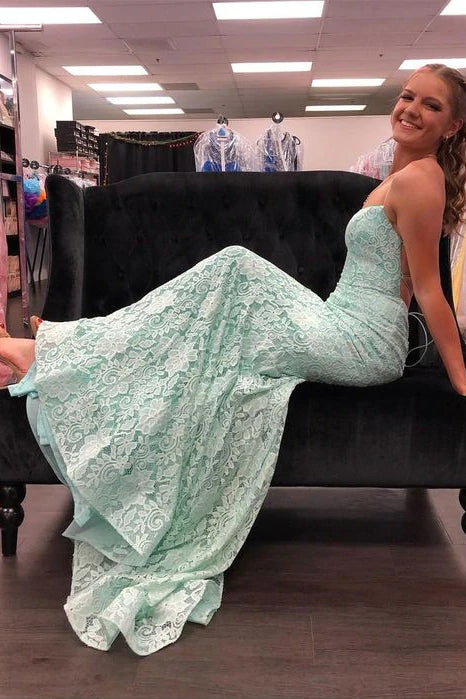 Mint Green Lace Spaghetti Straps Evening Dresses Mermaid Long Prom Dresses