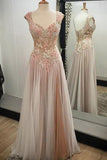 Noble A-line V-neck Tulle with Appliques Lace Sweetheart Open Back Long Prom Dresses