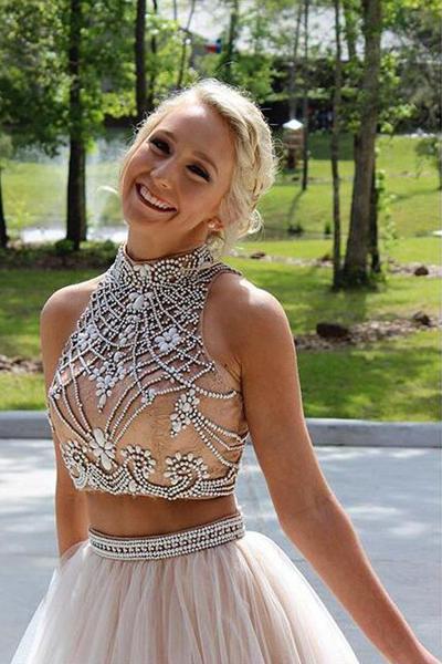 Two Piece High Neck Open Back Tulle Sequins Sleeveless Floor-Length Prom Dresses