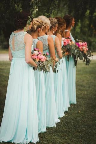 New Arrival A-Line V-Neck Floor-Length Mint Open Back Chiffon Bridesmaid Dress with Lace