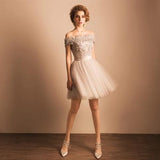 Off-the-Shoulder Lace Short Prom Dress Beading Tulle Cute Lace-up Homecoming Dress