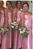 Charming A-Line Sweetheart Satin Floor-Length Pink High-Low Bridesmaid Dresses