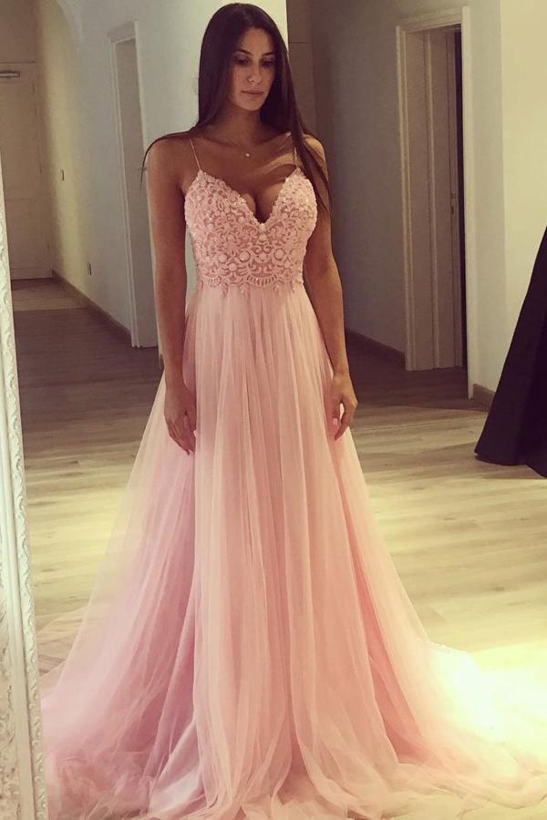 A Line Spaghetti Straps Pink Tulle V Neck Lace Appliques Sleeveless Long Prom Dresses