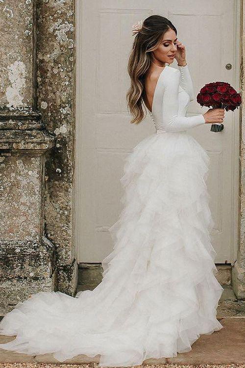 A-Line Round Neck Asymmetric Tulle Open Back Long Sleeves Wedding Dresses