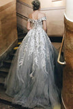 Vintage Silver Off the Shoulder Lace Appliques Tulle Sweetheart Beach Wedding Dresses