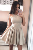 Cute A Line Halter Backless Satin Above Knee Short Prom Dresses Homecoming Dresses